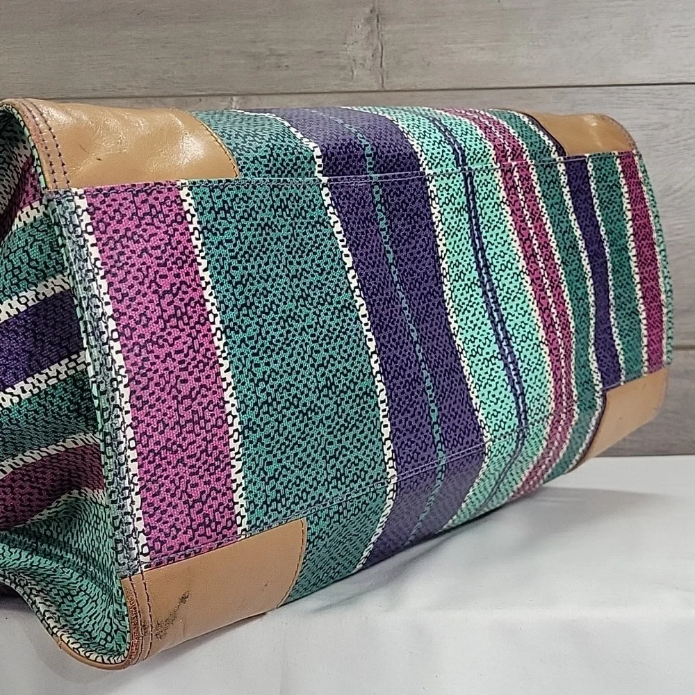 Tory Burch Ella Purple and Green Striped Tote Bag